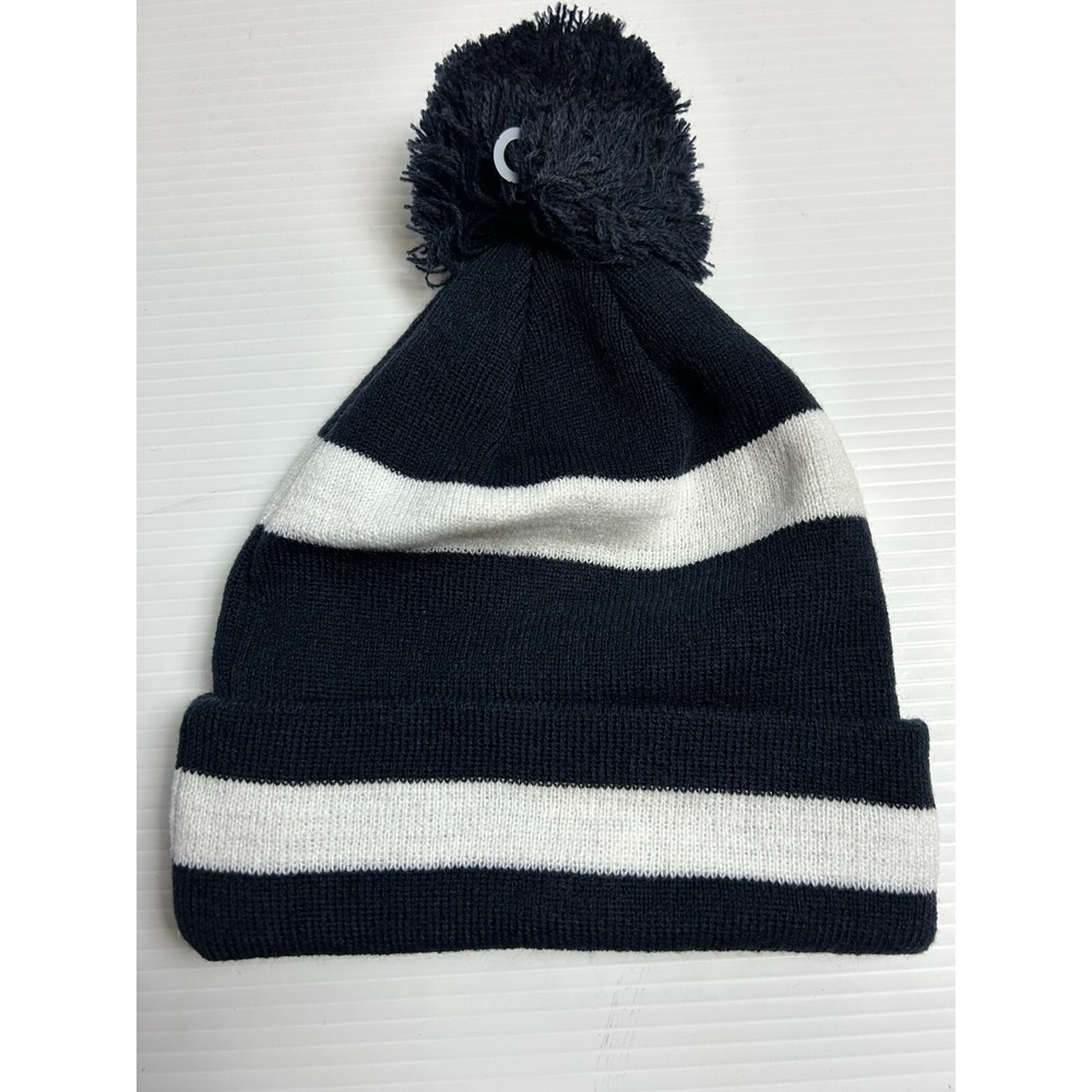 New Era Blank Cuffed Adult Pom Beanie Hat Stocking Cap Dark Navy Blue/White - Picture 2 of 5